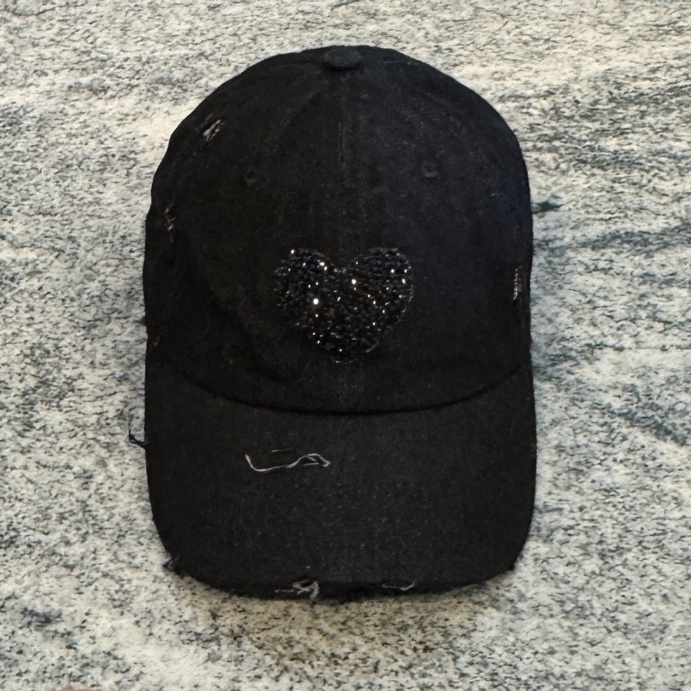 New Custom Designed Black Distressed Baseball Cap with Black Crystal Heart